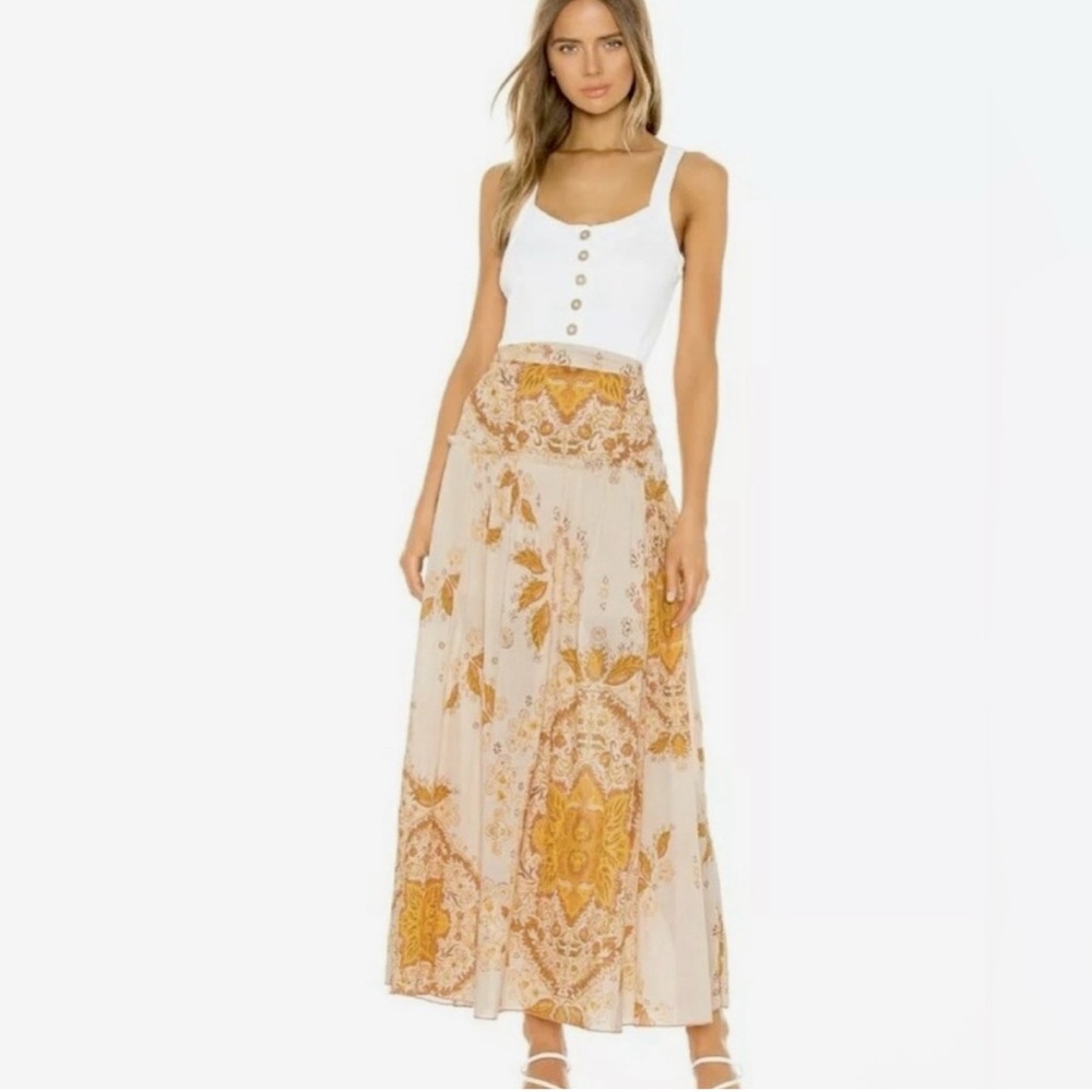 Free People Farrah Drop Waist Maxi Skirt Printed Tiered Ivory Combo Size 6 - Picture 13 of 16